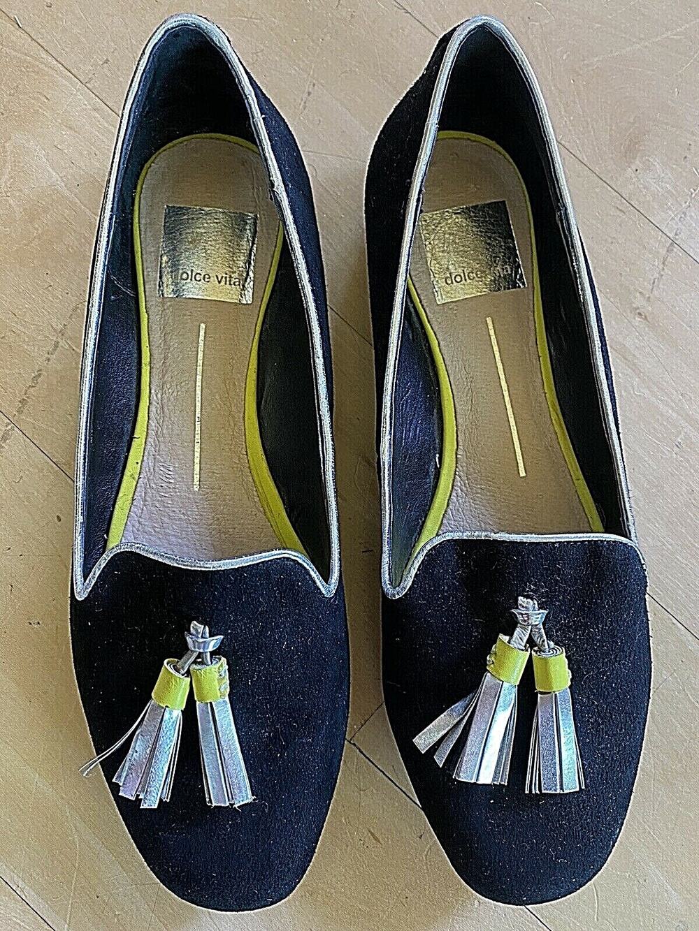 DV DOLCE VITA Black Soft Suede Leather Loafer Silver Tassel Flats Sz 6.5. MINT!